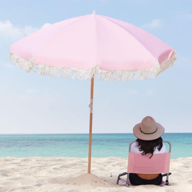 Outdoor Beach Umbrella Portable 2m Fringed Garden Sun Shade Dusty Rose Image 2