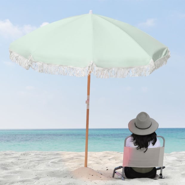 Outdoor Beach Umbrella Portable 2m Fringed Garden Sun Shade Sage Green Image 2