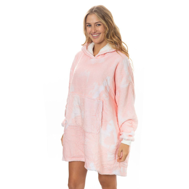 Snug Hoodie Nightwear Soft Reversible Fleece 750GSM - Peach Print Image 2