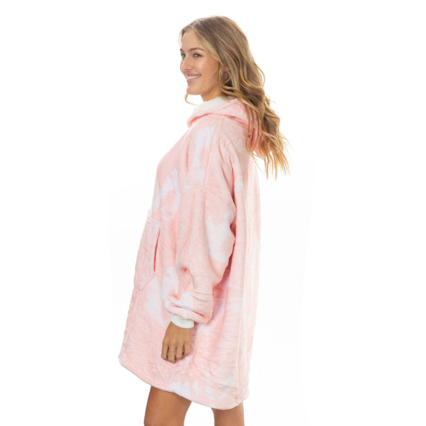 Snug Hoodie Nightwear Soft Reversible Fleece 750GSM - Peach Print Image 3