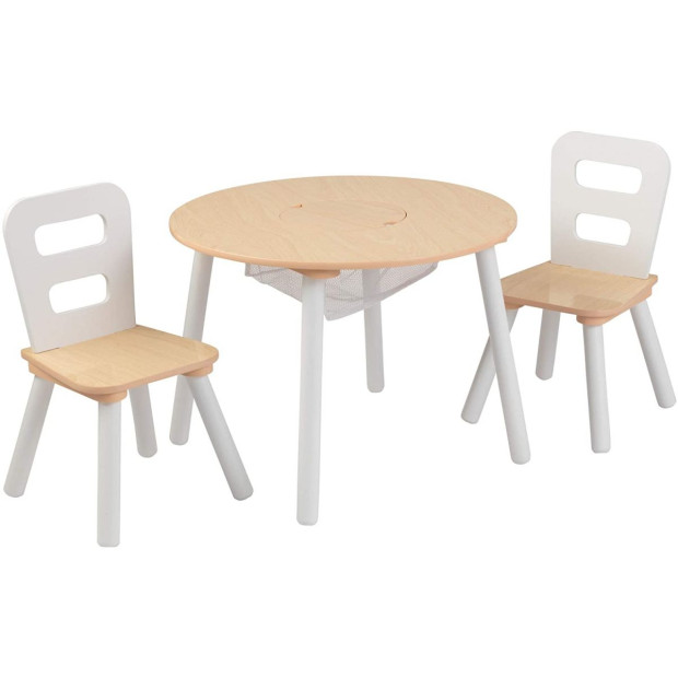 Round Table And 2 Chair Set For Children White Natural