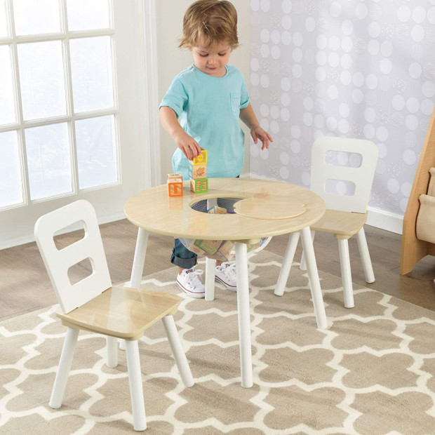 Round Table And 2 Chair Set For Children White Natural
