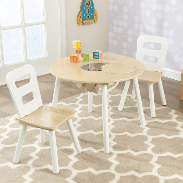 Round Table And 2 Chair Set For Children White Natural