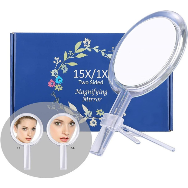 20x Magnifying Hand Mirror Two Sided Use 15cm Silver