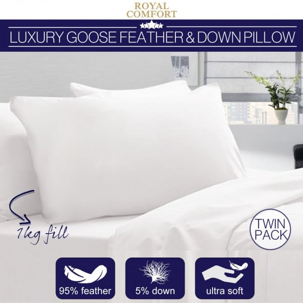 Goose Down Feather Pillows 1000GSM Cover - Twin Pack