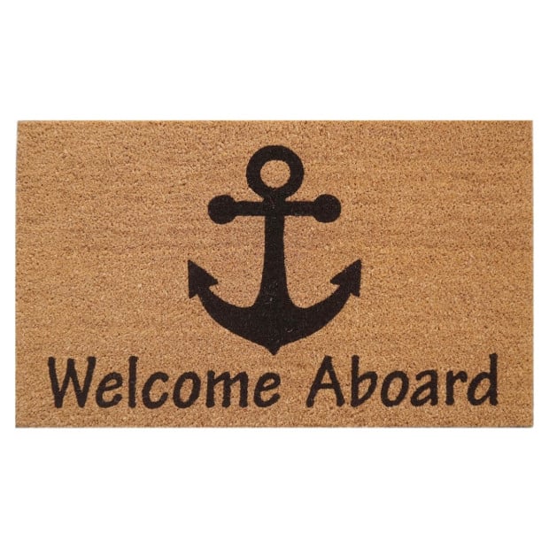 Door Mat Deluxe Coir Latex Welcome Aboard Boat Anchor Beach Coastal 45 x 75 cm Doormat