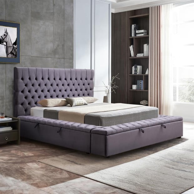 Bed frame Queen Size Velvet Fabric Dark Grey Image 2
