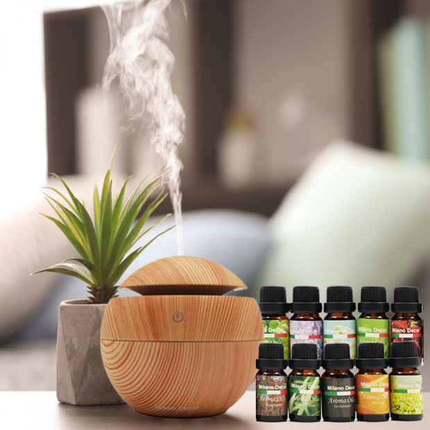 Milano Ultrasonic USB Diffuser w/ 10 Aroma Oils Humidifier Light Wood