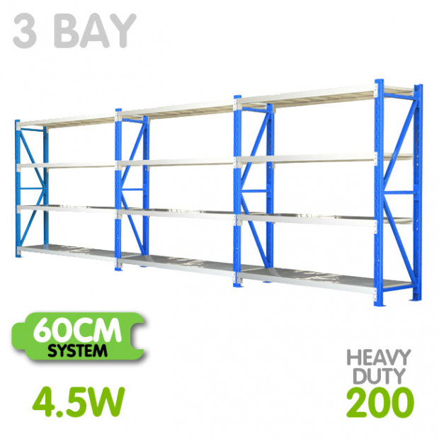 3-Bay shelving 4.5m-wide 800kg