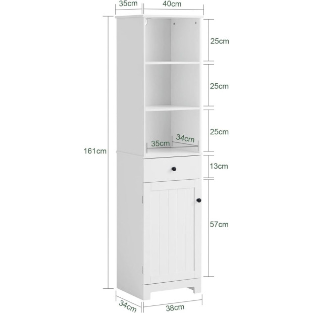 White Tall Bathroom Storage 3 Shelves 40 x 35 x 161 cm