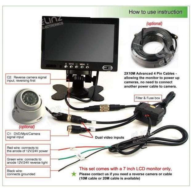 Elinz 7In Monitor Hd 12v/24v With 2 Av Inputs Image 6