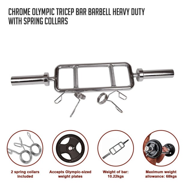 Chrome Olympic Tricep Bar Barbell Heavy Duty With Spring Collars Image 2
