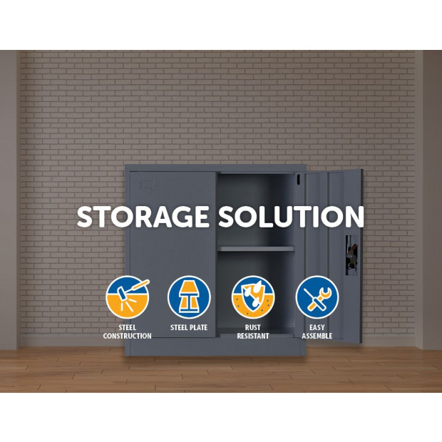 Two-door Shelf Office Gym Filing Storage Locker Cabinet Safe Grey - 90x85x40 Image 2