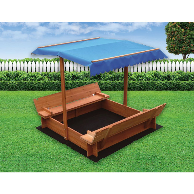 Kids Wooden Toy Sandpit With Blue Canopy