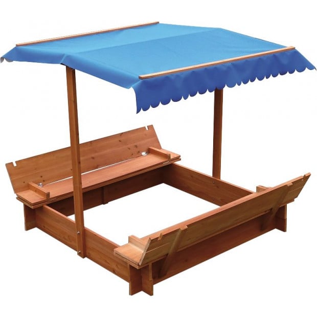 Kids Wooden Toy Sandpit With Blue Canopy Image 3