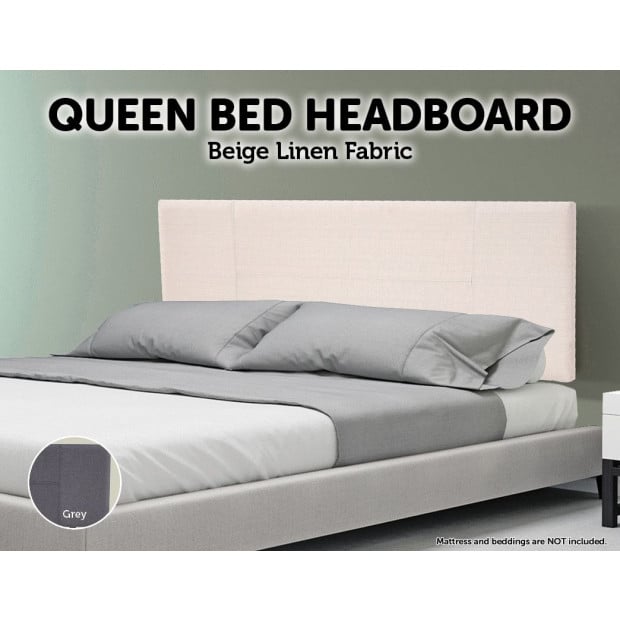 Linen Fabric Queen Bed Headboard Bedhead - Beige Image 2