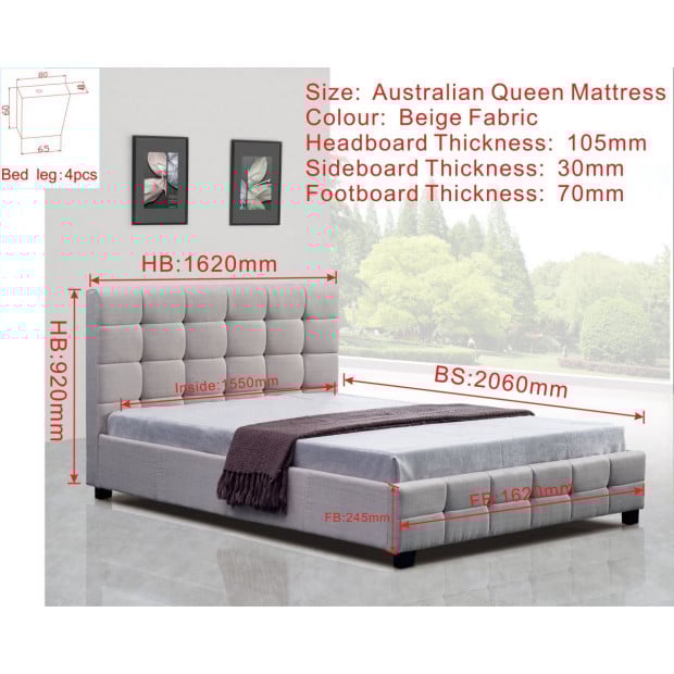 Linen Fabric Queen Deluxe Bed Frame Beige Image 4