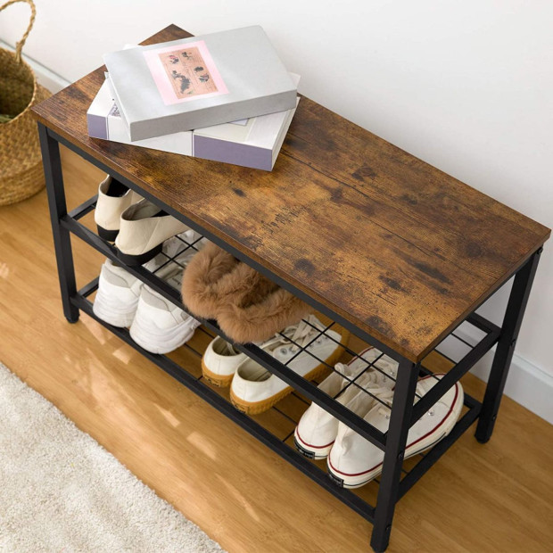 Industrial Design Entryway Shoe Rack With Coat Hooks Organizer Brown