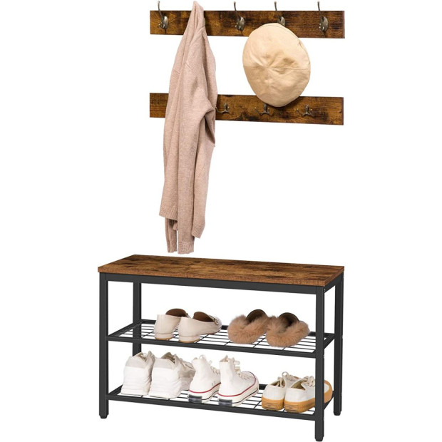 Industrial Design Entryway Shoe Rack With Coat Hooks Organizer Brown