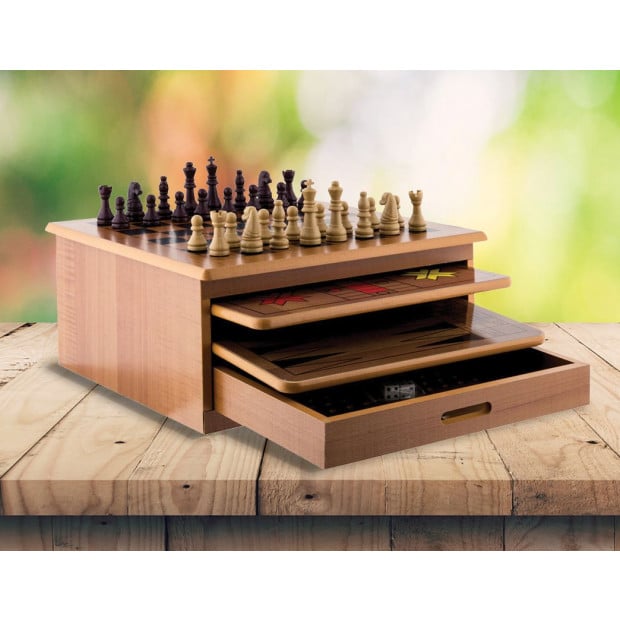 10 In 1 Wooden Chess Board Games Slide Out Checkers House Unit Set