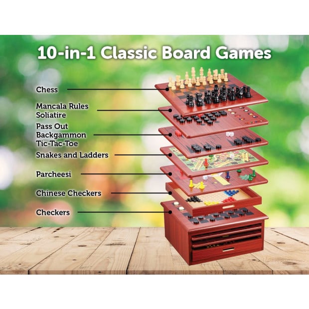 10 In 1 Wooden Chess Board Games Slide Out Checkers House Unit Set Image 3