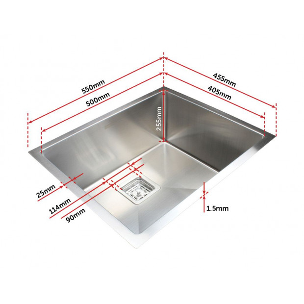 550x455mm Handmade 1.5mm Stainless Steel Kitchen Sink Square Waste Image 7