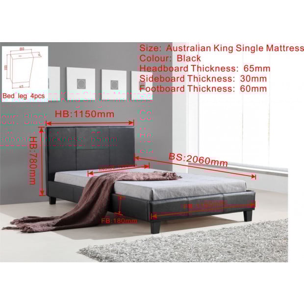 King Single Pu Leather Bed Frame Black Image 5