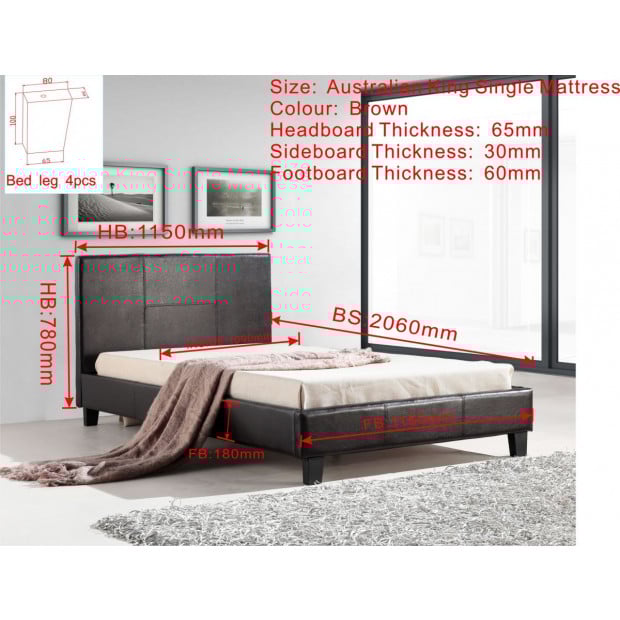 King Single Pu Leather Bed Frame Brown Image 5