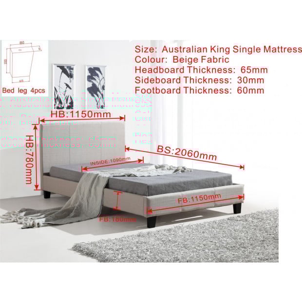 King Single Linen Fabric Bed Frame Beige Image 4