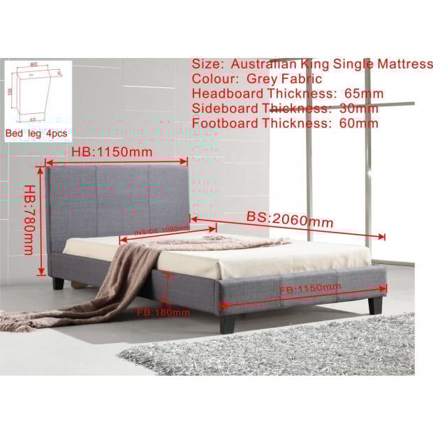 King Single Linen Fabric Bed Frame Grey Image 5