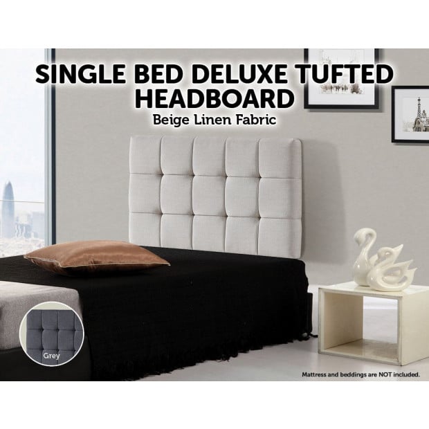 Linen Fabric Single Size Bed Deluxe Headboard Bedhead - Beige Image 2