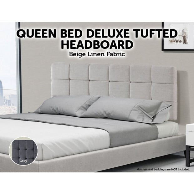 Linen Fabric Queen Bed Deluxe Headboard Bedhead - Beige Image 2