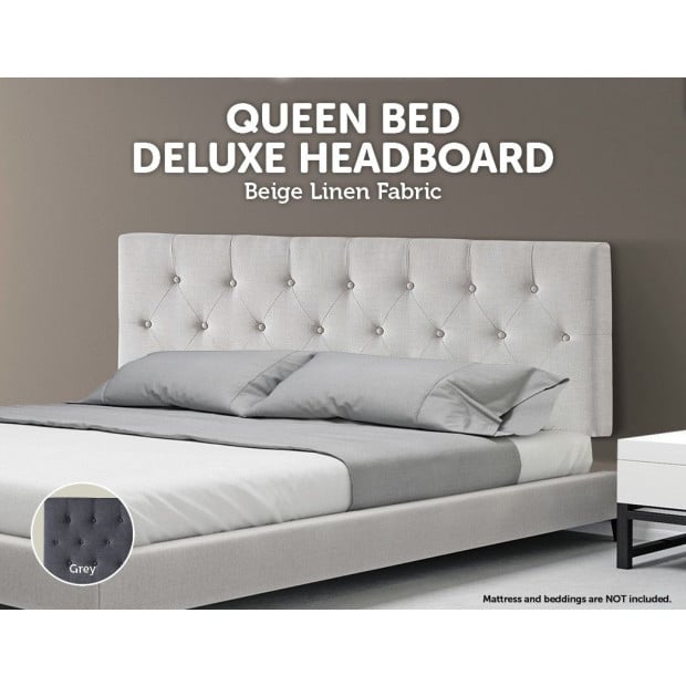 Linen Fabric Queen Bed Deluxe Headboard Bedhead Buttoned - Beige Image 2