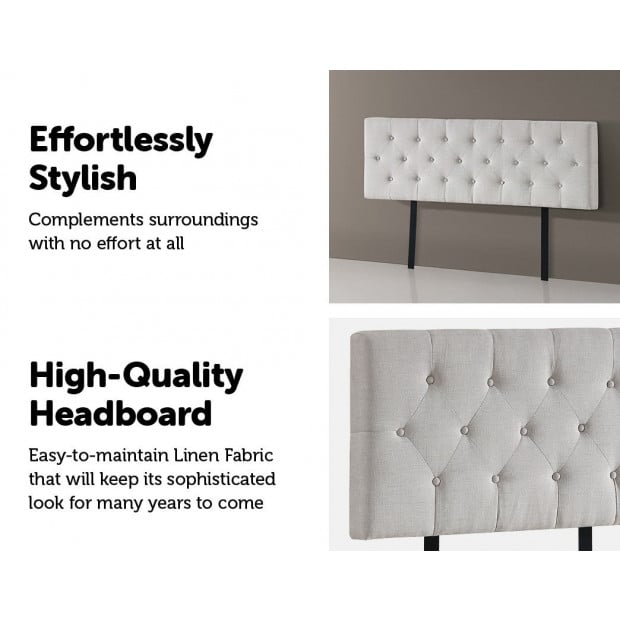Linen Fabric Queen Bed Deluxe Headboard Bedhead Buttoned - Beige Image 4