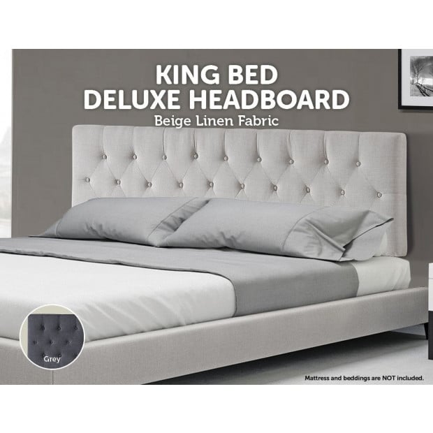 Linen Fabric King Bed Deluxe Headboard Bedhead Beige - Diamond Image 2