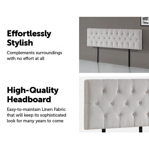 Linen Fabric King Bed Deluxe Headboard Bedhead Beige - Diamond Image 4