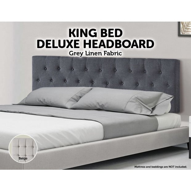 Linen Fabric King Bed Deluxe Headboard Bedhead Grey Diamond Image 2