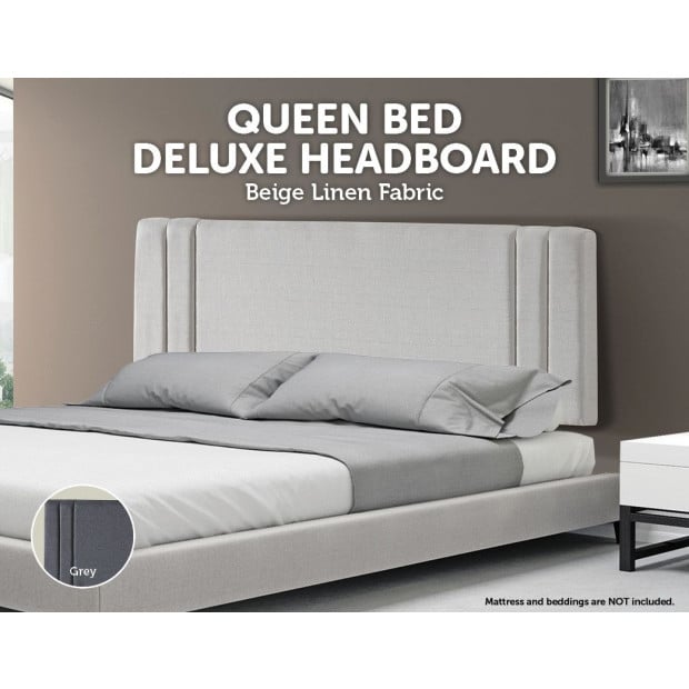 Linen Fabric Queen Bed Deluxe Headboard Bedhead Plain - Beige Image 2