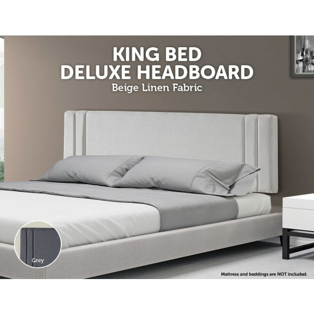 Linen Fabric King Bed Deluxe Headboard Bedhead Beige - Straight Image 2