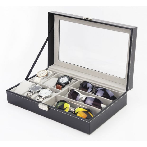 6+3 Grid Watch Sunglass Eyeglasses Display Box Case Storage Pu Leather