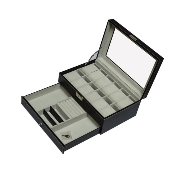 12 Grids Watch Display Case Leather Jewellery Storage Box Lock Key