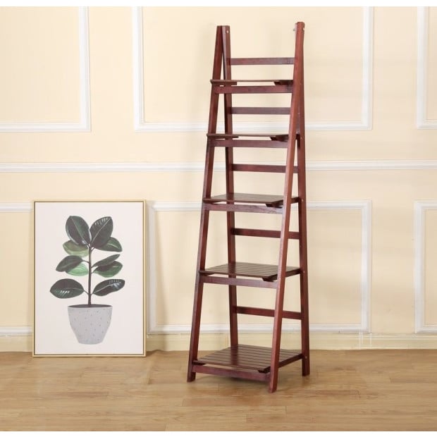 5 Tier Wooden Ladder Shelf Stand Storage Book Shelves Display Rack Coffee Image 3