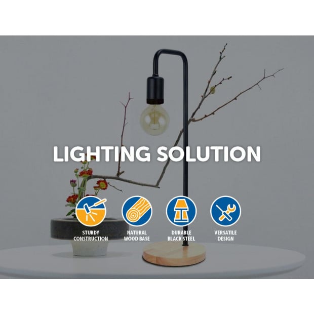Modern Table Lamp Desk Light Timber Base Bedside Bedroom Black Image 2