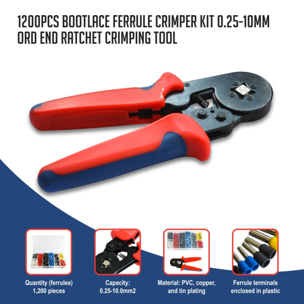1200pcs Bootlace Ferrule Crimper Kit 0.25-10mm2 Cord End Ratchet Image 2