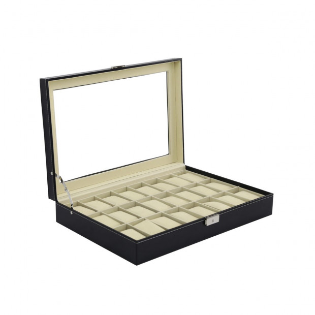 Watch Box - 24 Slot Luxury Display Case With Framed Glass Lid Image 4