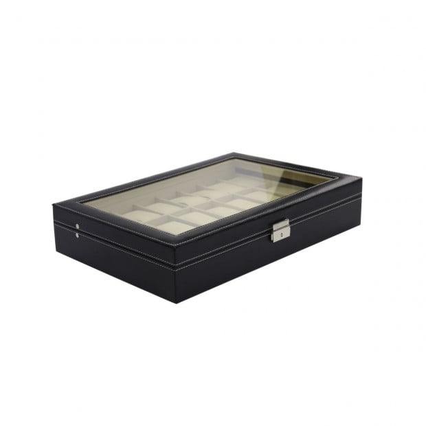Watch Box - 24 Slot Luxury Display Case With Framed Glass Lid Image 5