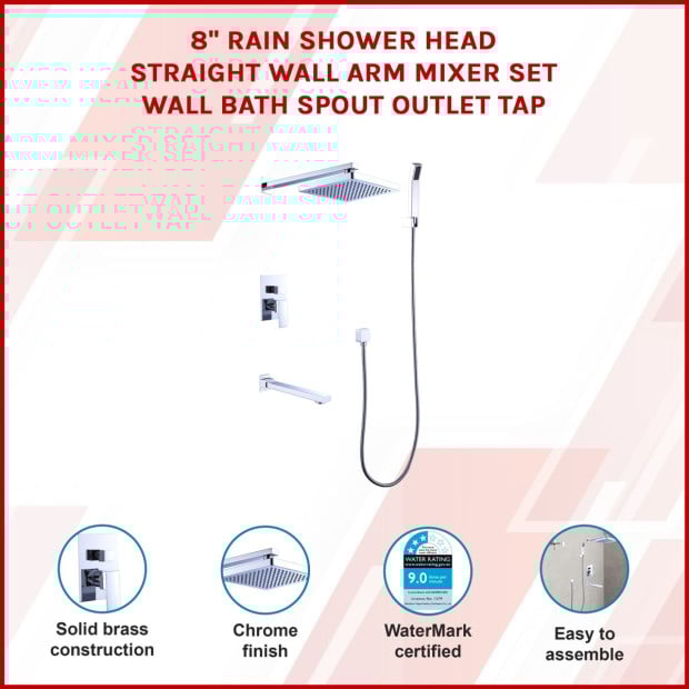 8 Rain Shower Head Straight Wall Arm Mixer Set Bath Spout Outlet Tap Image 3