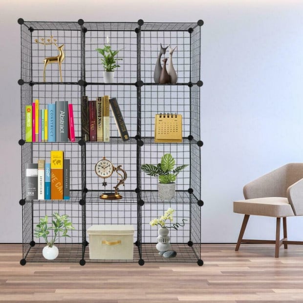 12 Cube Wire Grid Organiser Bookcase Storage Cabinet Wardrobe Black