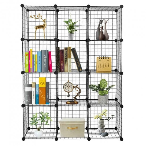 12 Cube Wire Grid Organiser Bookcase Storage Cabinet Wardrobe Black Image 2