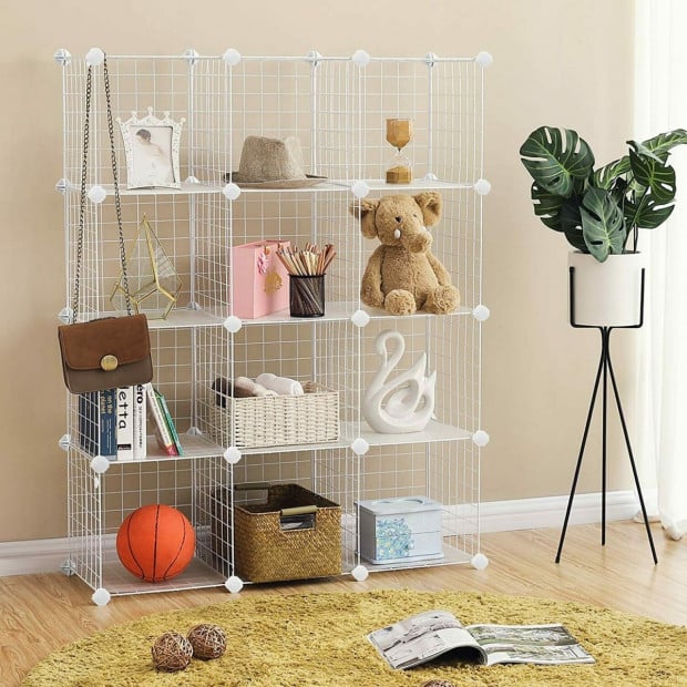 12 Cube Wire Grid Organiser Bookcase Storage Cabinet Wardrobe  White